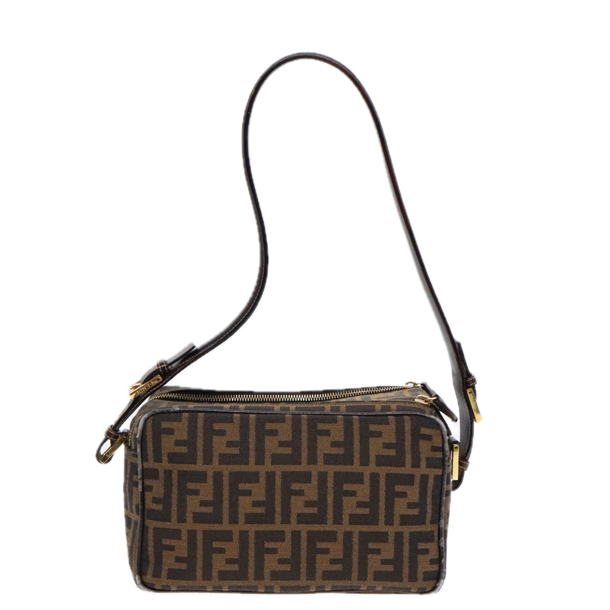 FENDI Zucca Canvas Shoulder Bag Brown Black gold Auth 91227