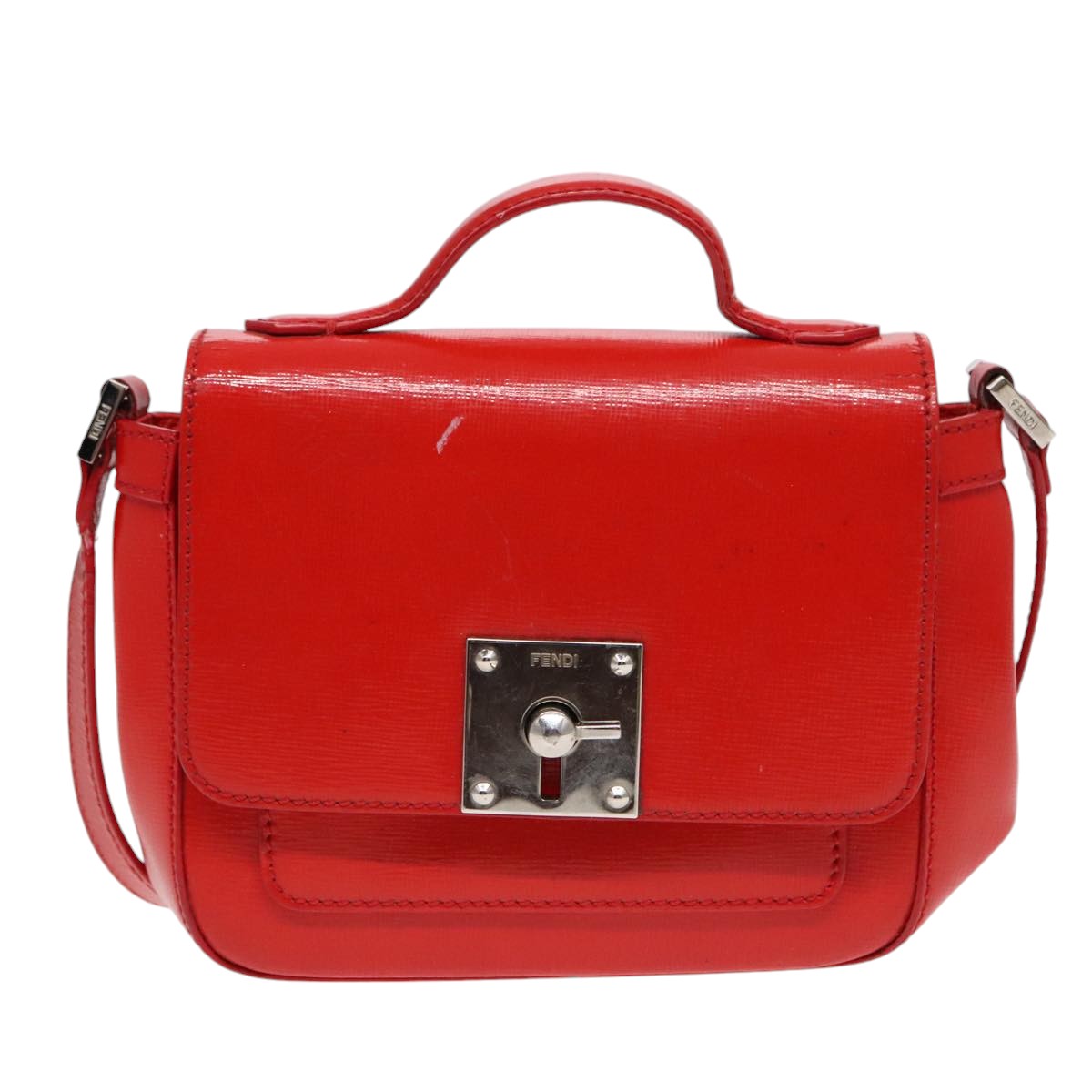 FENDI Shoulder Bag Leather 2way Red Silver Auth 91228