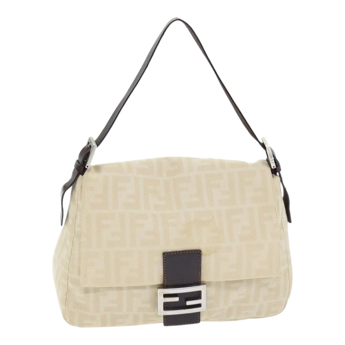 FENDI Zucca Canvas Mamma Baguette Shoulder Bag Beige Silver Auth 91229