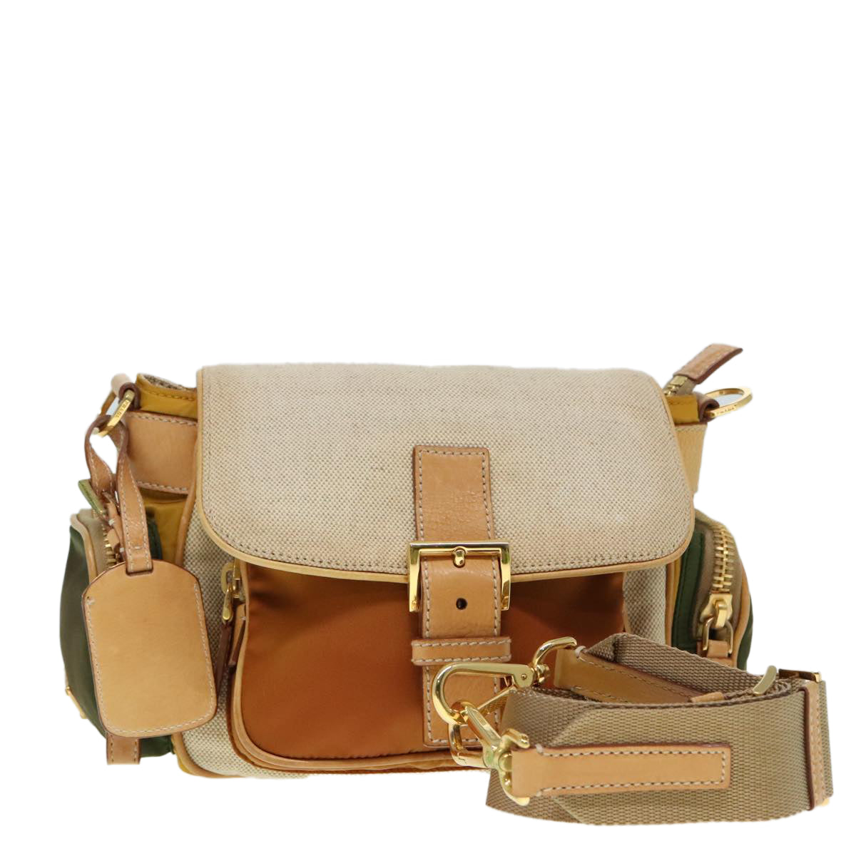 PRADA Shoulder Bag Canvas Beige Gold Auth 91235