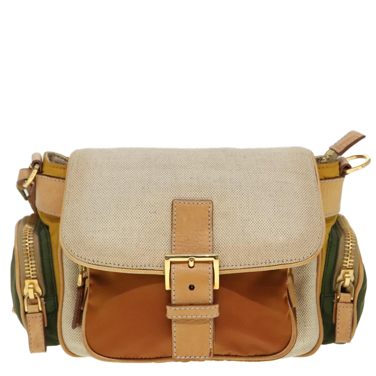 PRADA Shoulder Bag Canvas Beige Gold Auth 91235