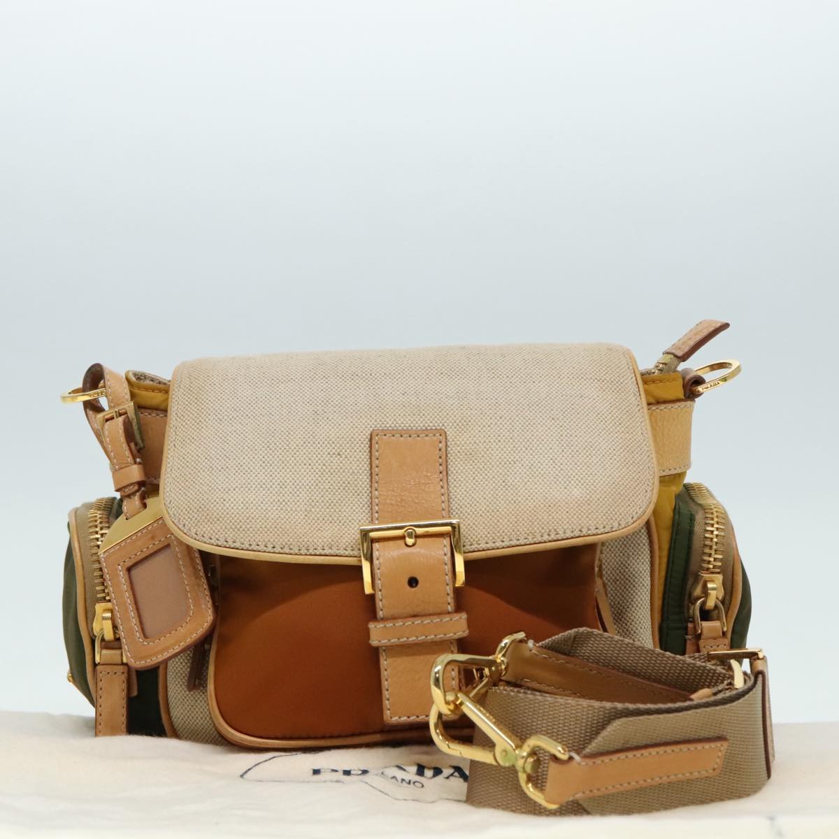 PRADA Shoulder Bag Canvas Beige Gold Auth 91235