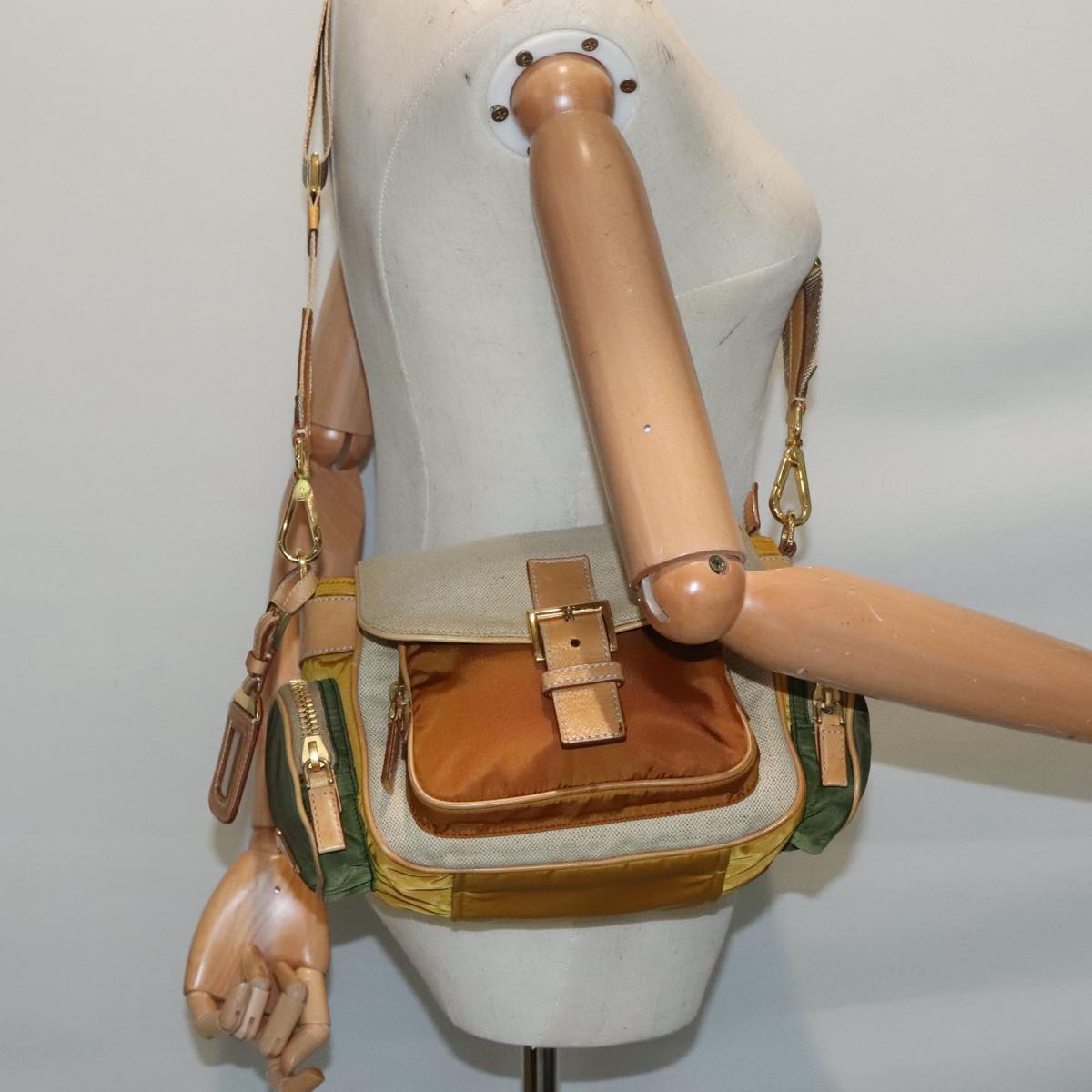 PRADA Shoulder Bag Canvas Beige Gold Auth 91235