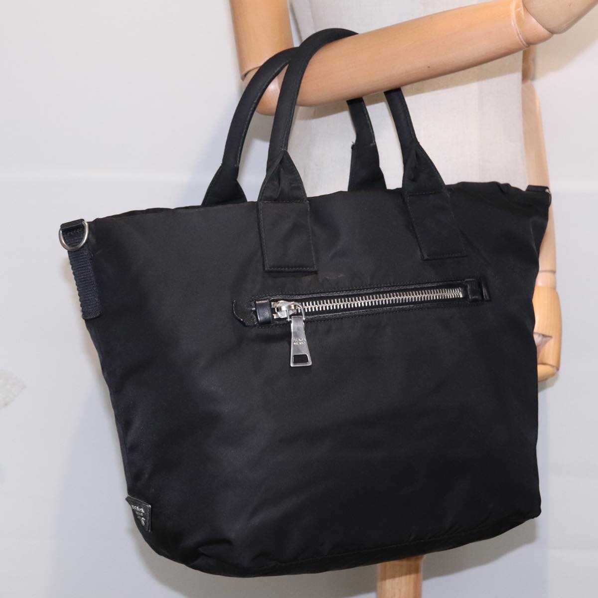 PRADA Hand Bag Nylon Black Silver Auth 91236