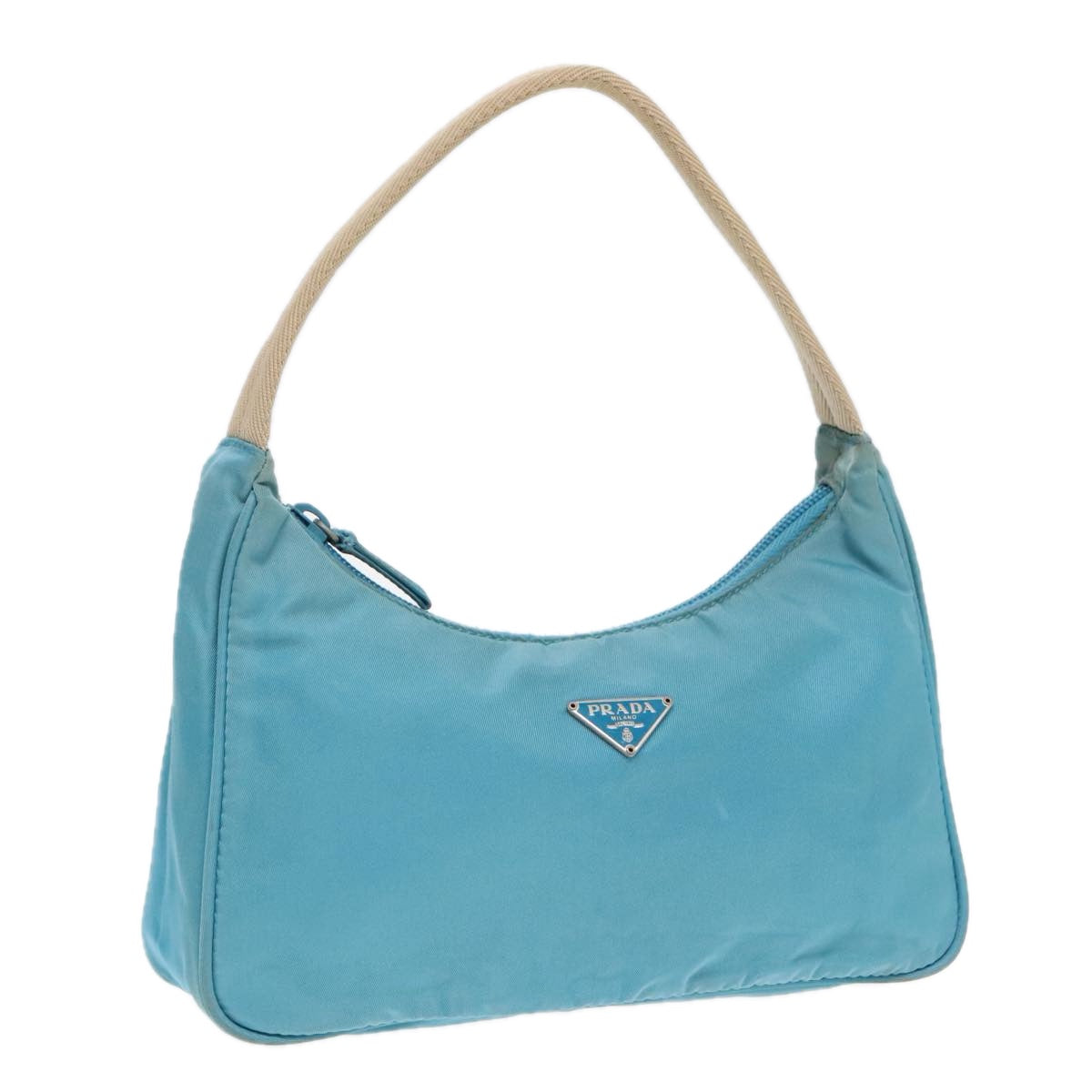 PRADA Hand Bag Nylon Light Blue Beige Silver Auth 91237