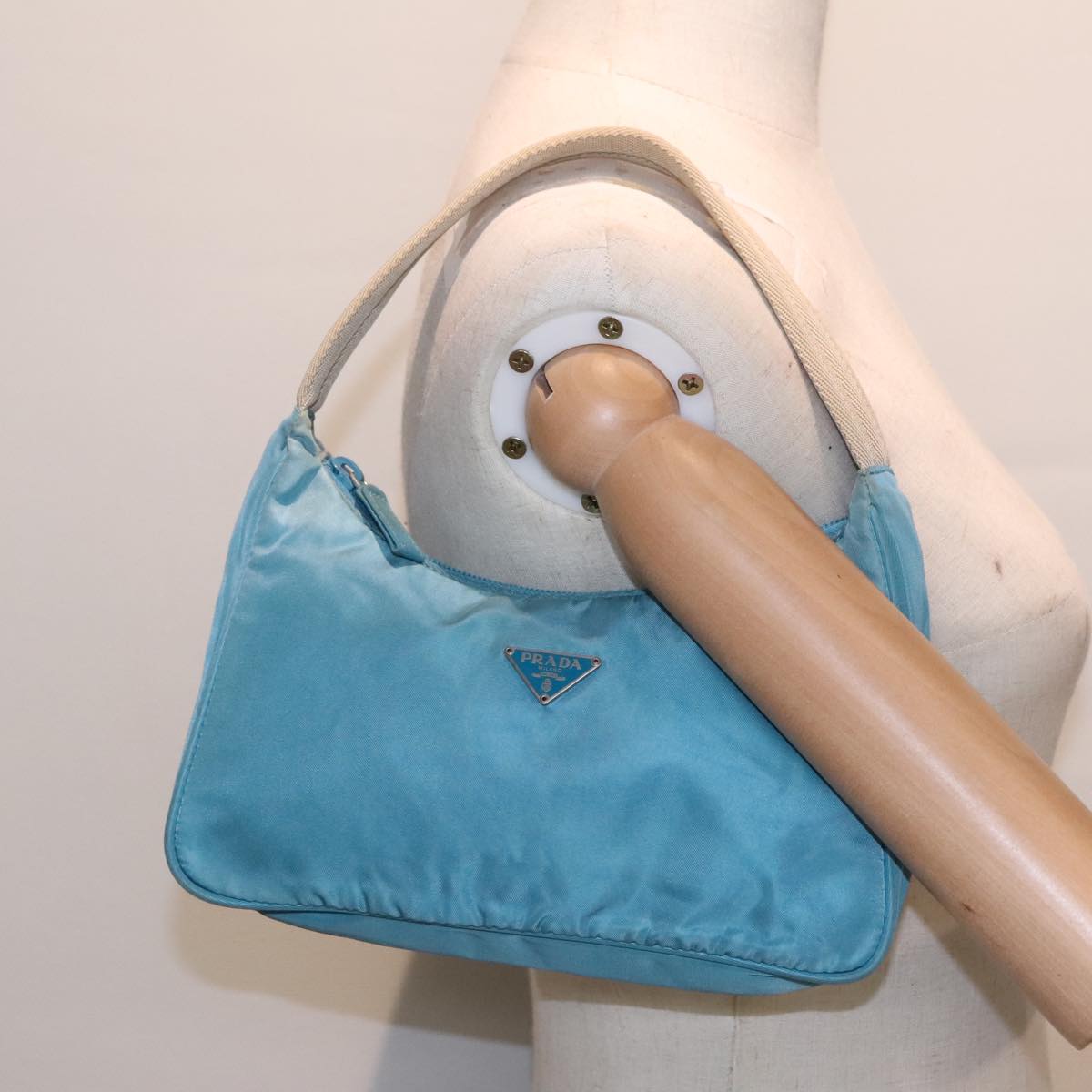 PRADA Hand Bag Nylon Light Blue Beige Silver Auth 91237