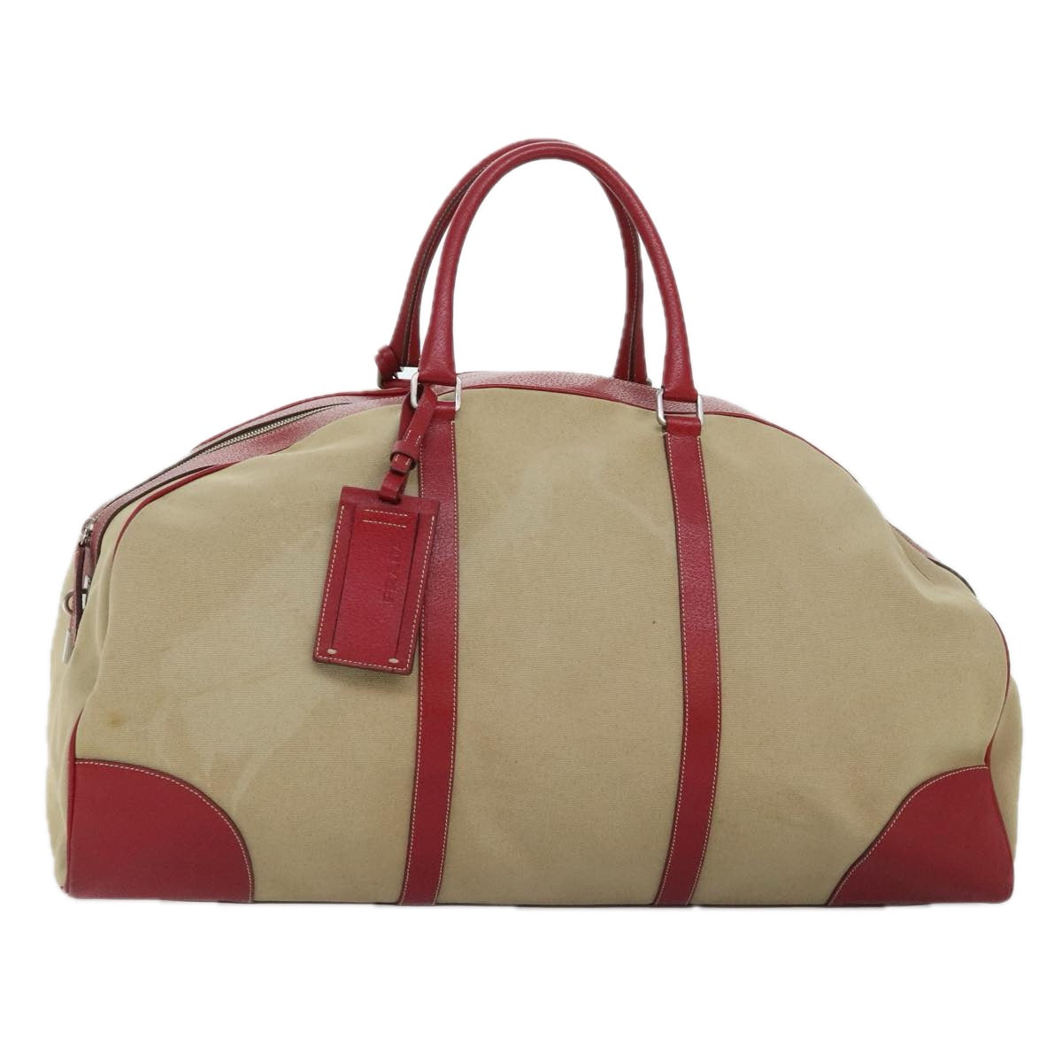 PRADA Boston Bag Canvas Leather Beige Red Silver Auth 91240