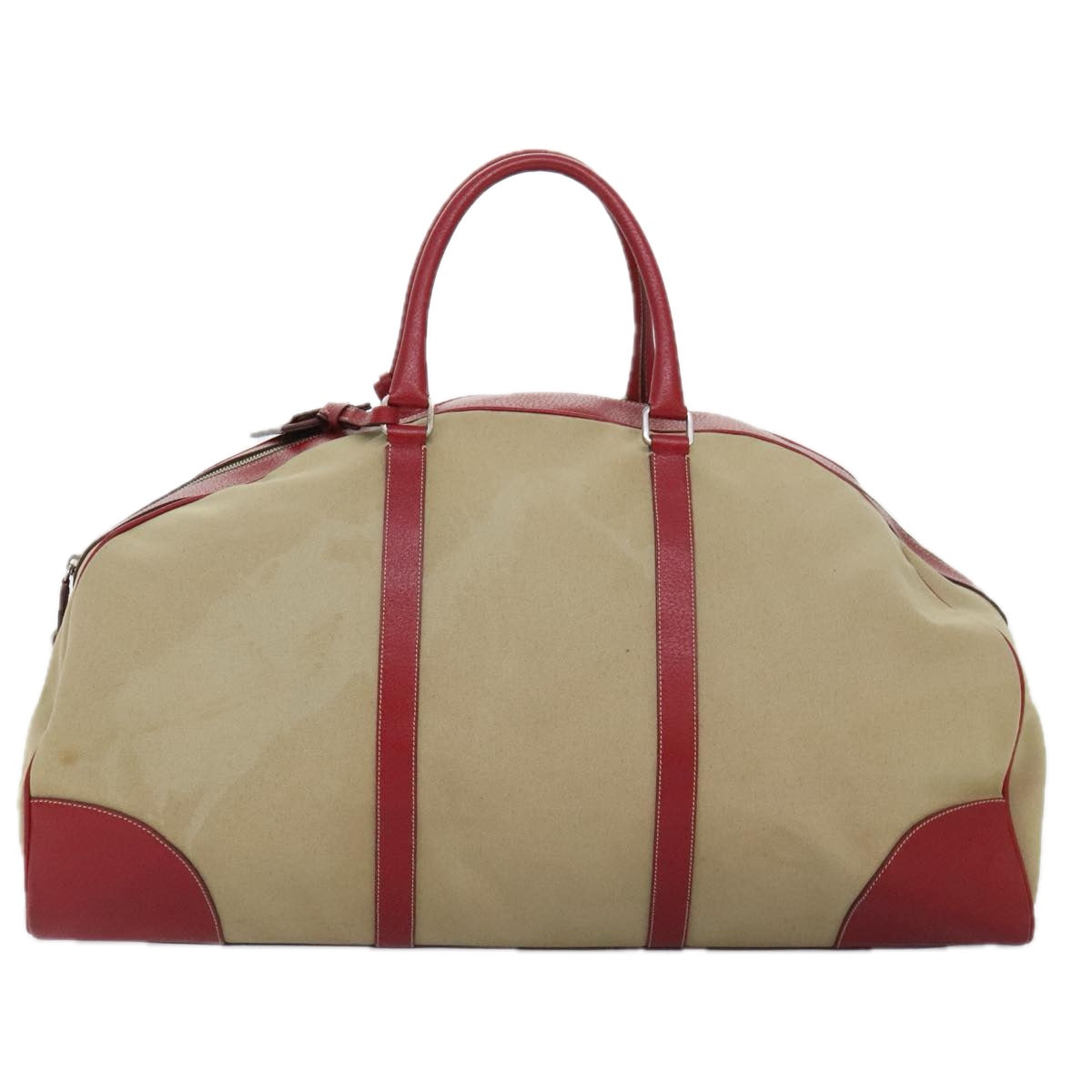 PRADA Boston Bag Canvas Leather Beige Red Silver Auth 91240