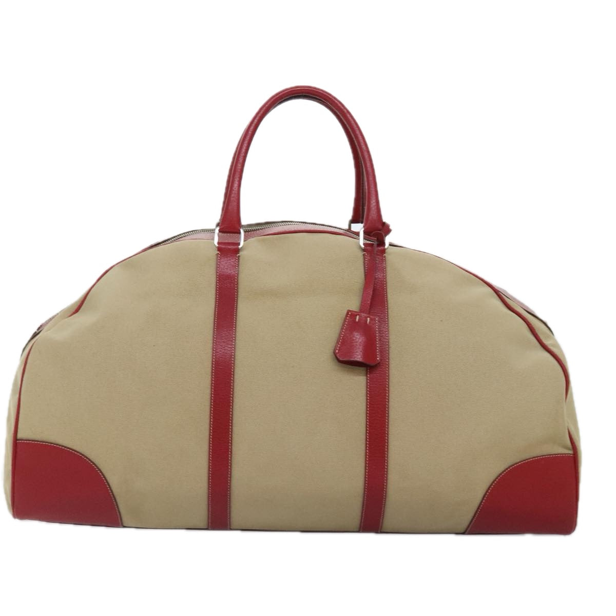 PRADA Boston Bag Canvas Leather Beige Red Silver Auth 91240