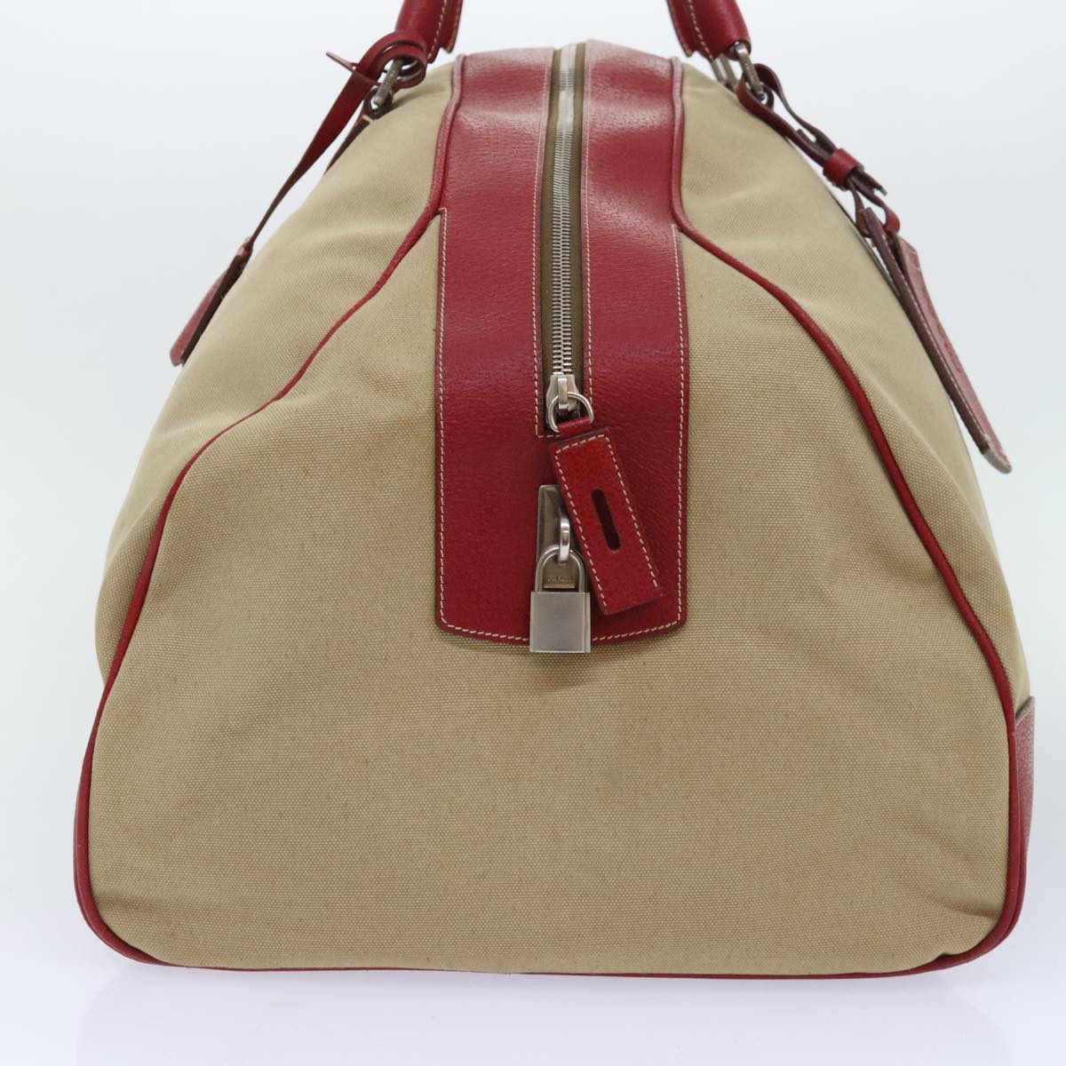 PRADA Boston Bag Canvas Leather Beige Red Silver Auth 91240