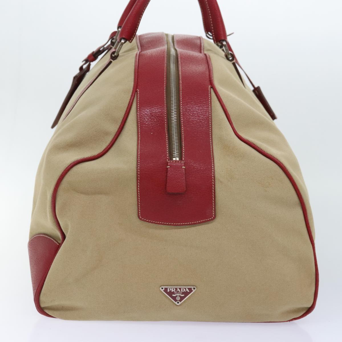 PRADA Boston Bag Canvas Leather Beige Red Silver Auth 91240