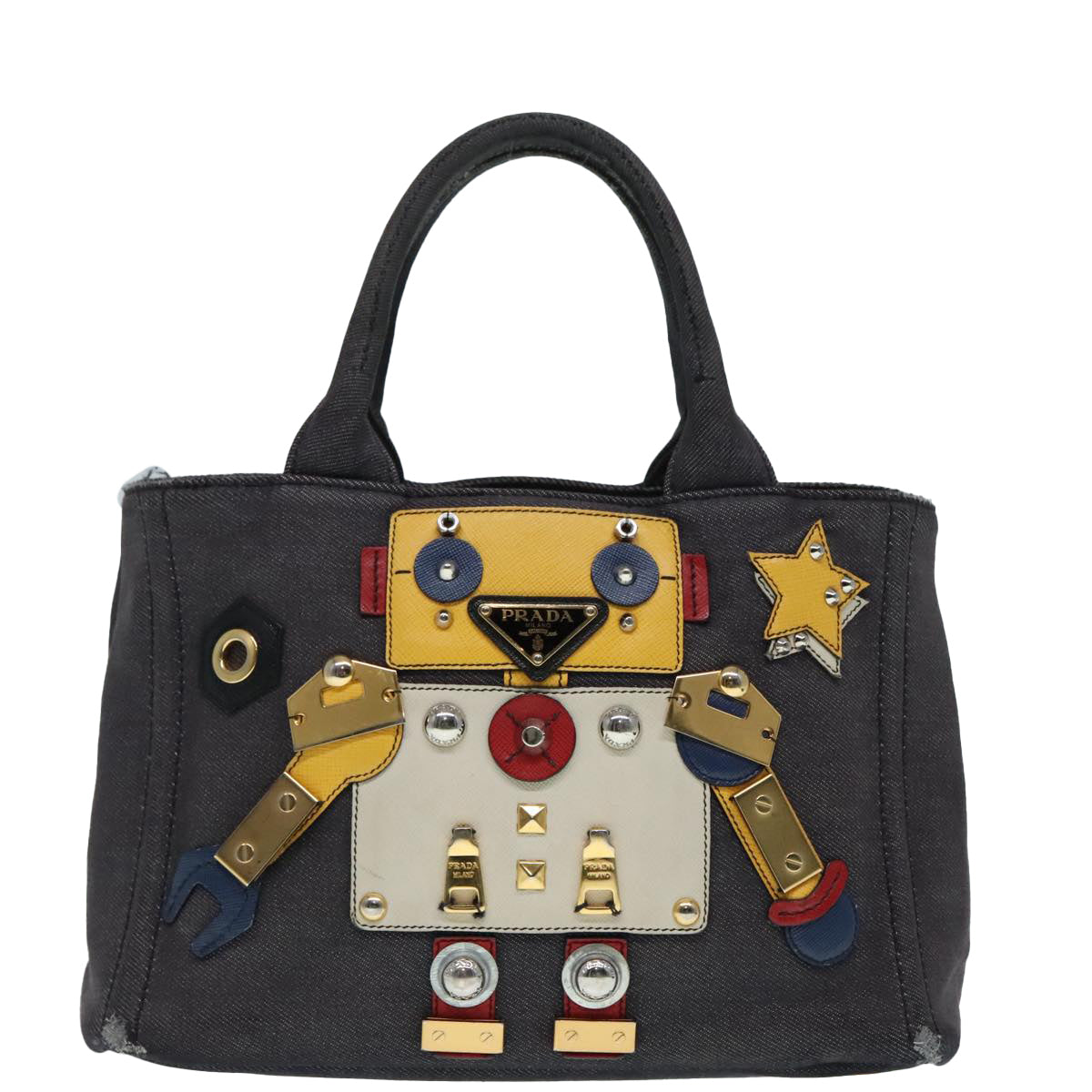 PRADA Canapa PM Robot Hand Bag Canvas 2way Purple Gold Auth 91244