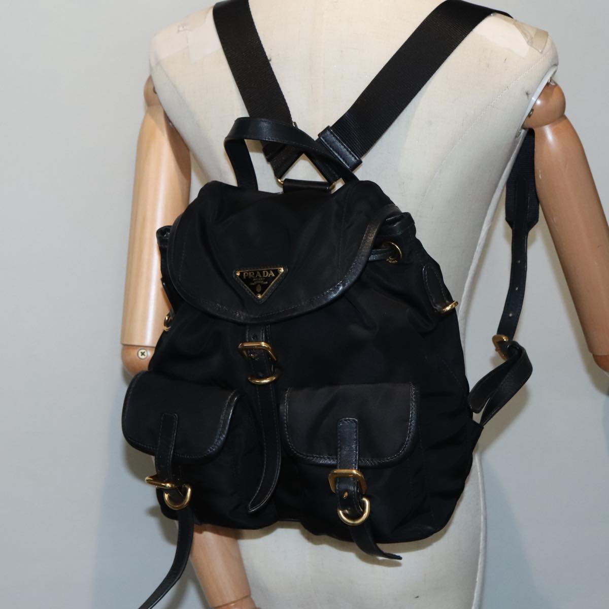 PRADA Backpack Nylon Black Gold Auth 91248