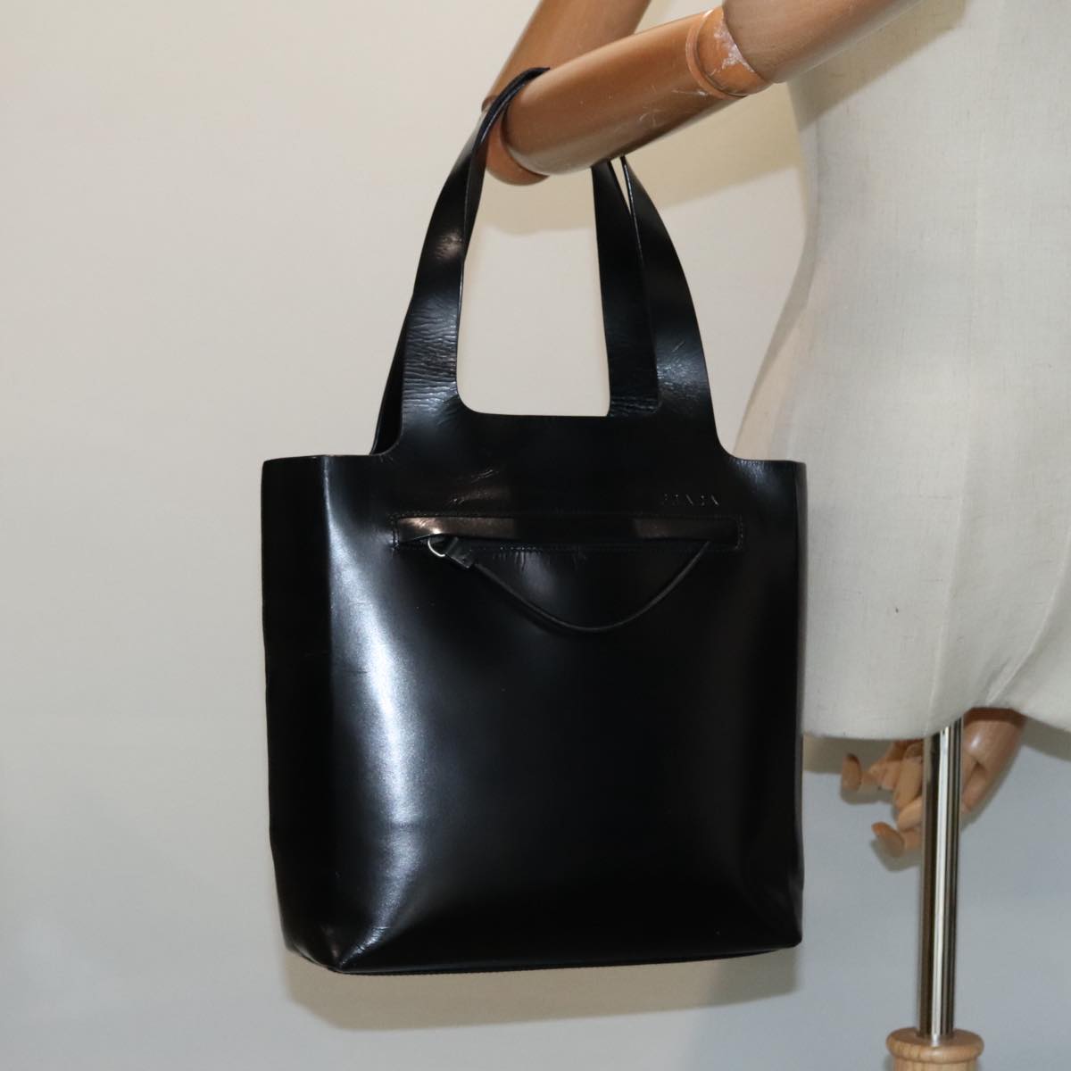 PRADA Tote Bag Leather Black Silver Auth 91249