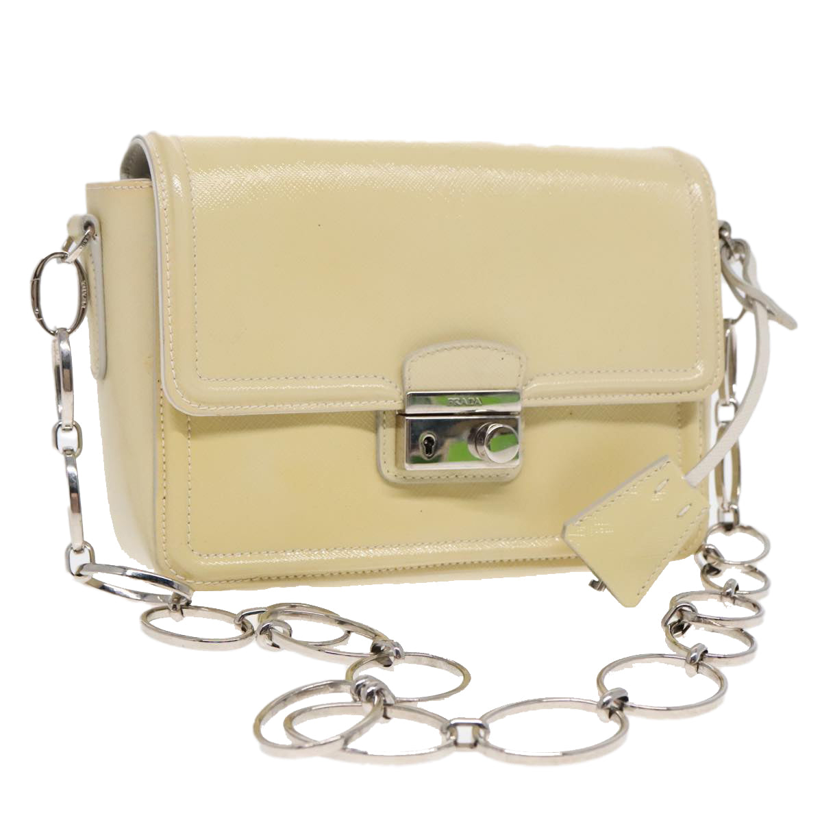 PRADA Chain Shoulder Bag Enamel Yellow Silver Auth 91250