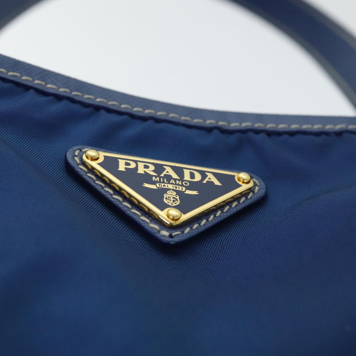 PRADA Tote Bag Nylon Leather Blue Gold Auth 91252