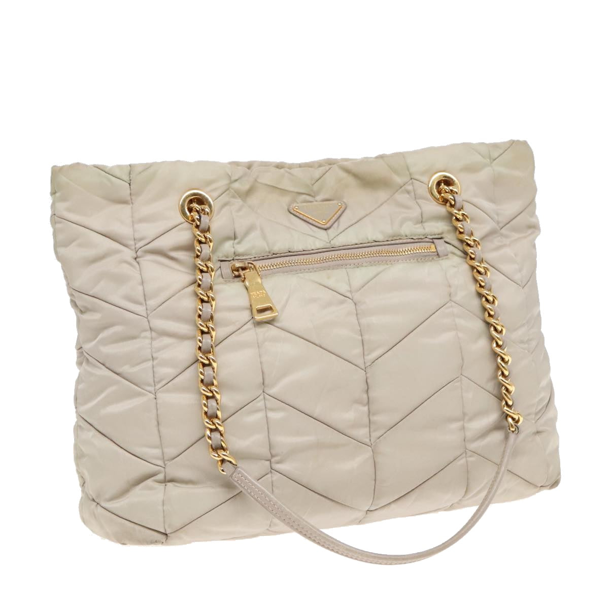 PRADA Chain Quilted Shoulder Bag Nylon Beige Gold Auth 91253