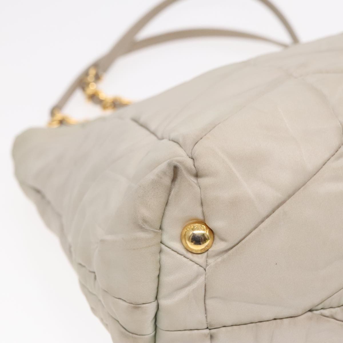 PRADA Chain Quilted Shoulder Bag Nylon Beige Gold Auth 91253