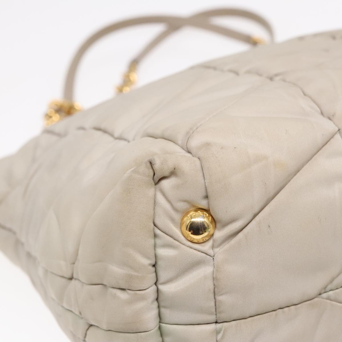 PRADA Chain Quilted Shoulder Bag Nylon Beige Gold Auth 91253