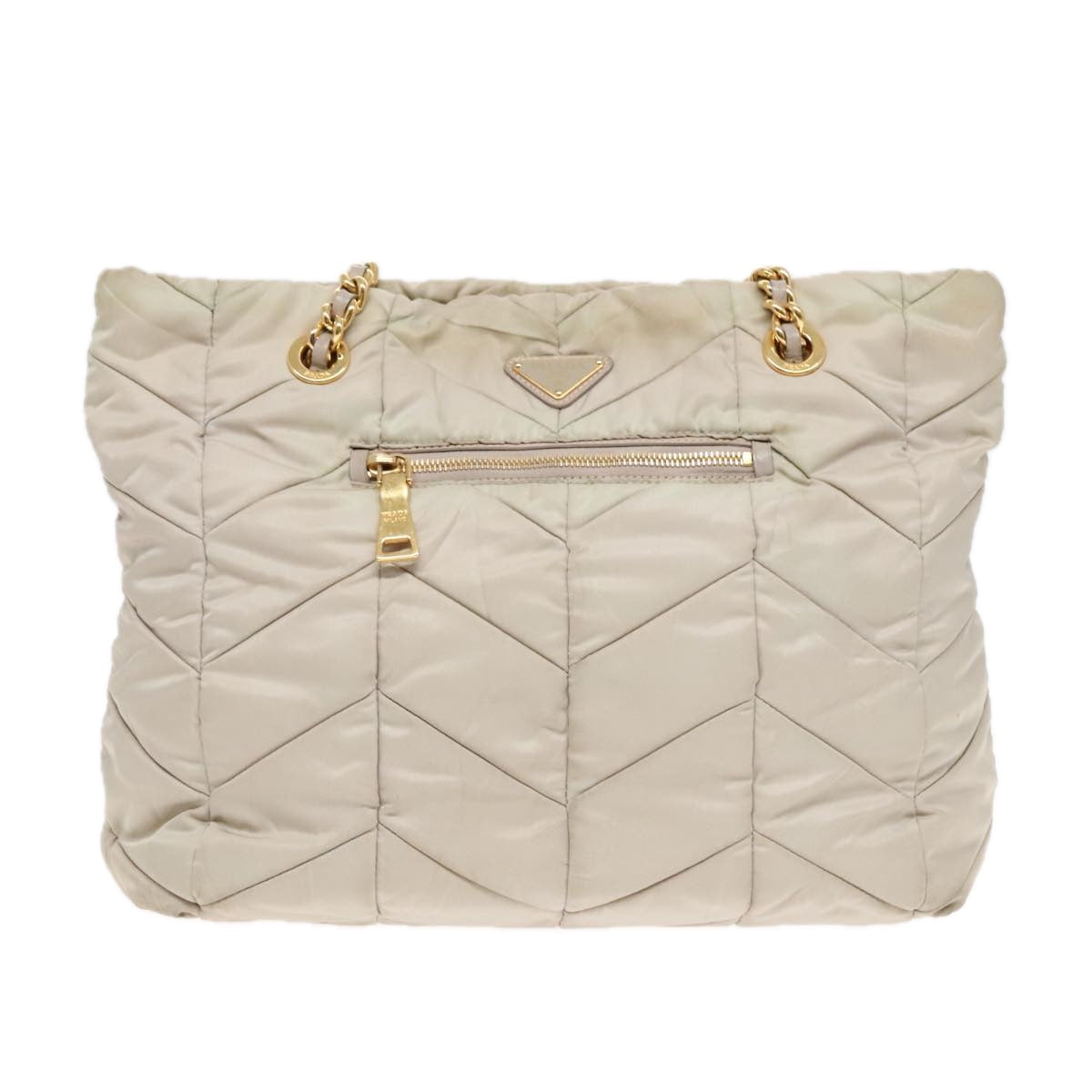 PRADA Chain Quilted Shoulder Bag Nylon Beige Gold Auth 91253 - 0