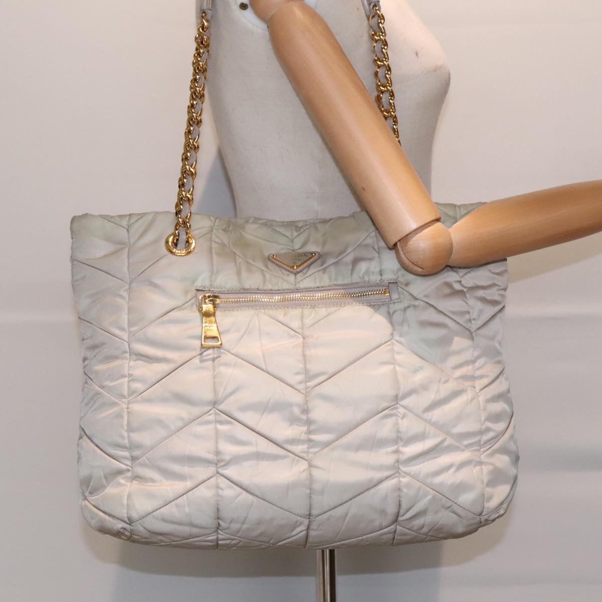 PRADA Chain Quilted Shoulder Bag Nylon Beige Gold Auth 91253