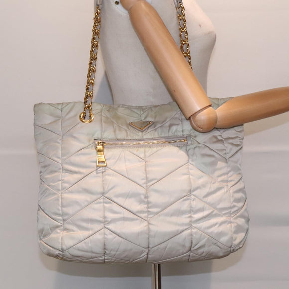 PRADA Chain Quilted Shoulder Bag Nylon Beige Gold Auth 91253