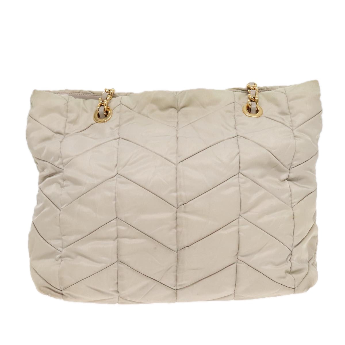 PRADA Chain Quilted Shoulder Bag Nylon Beige Gold Auth 91253