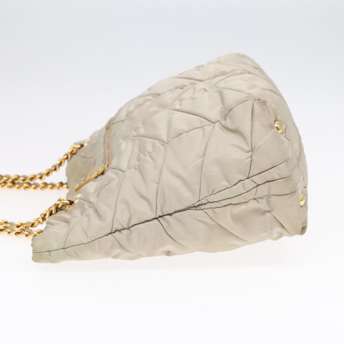 PRADA Chain Quilted Shoulder Bag Nylon Beige Gold Auth 91253