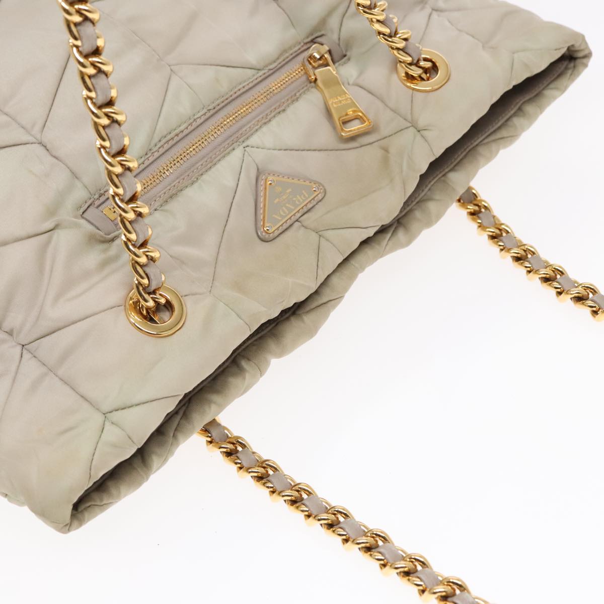 PRADA Chain Quilted Shoulder Bag Nylon Beige Gold Auth 91253