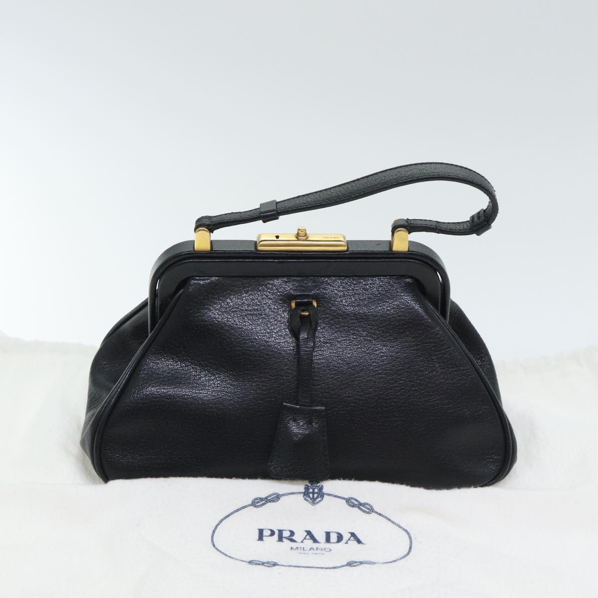 PRADA Hand Bag Leather Black Gold Auth 91260