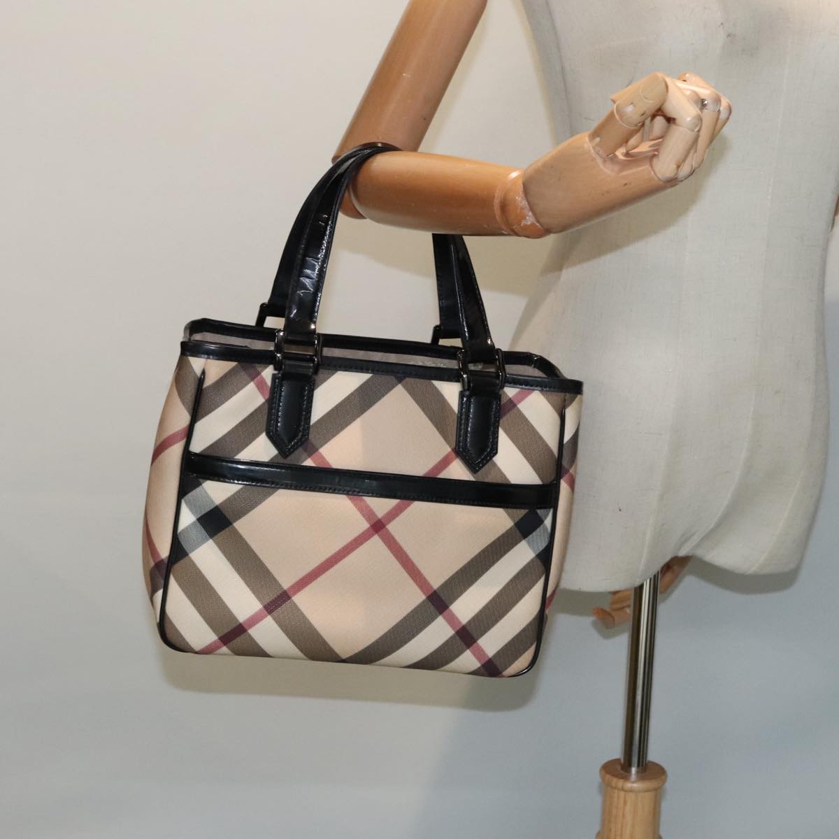 BURBERRY Nova Check Hand Bag PVC Beige Silver Auth 91263