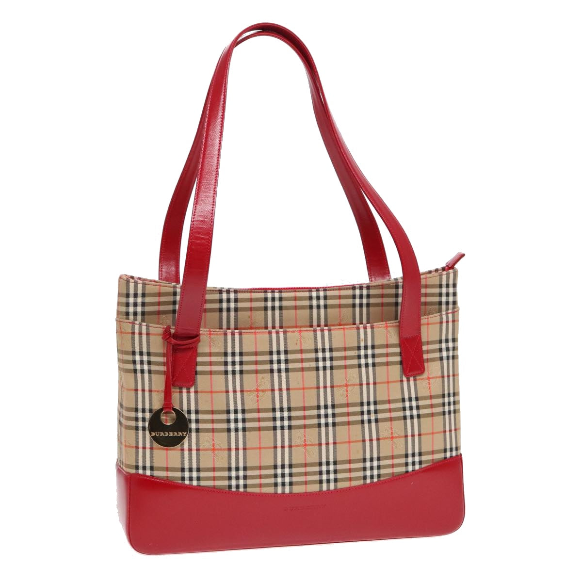 BURBERRY Nova Check Tote Bag Canvas Leather Beige Red gold Auth 91268