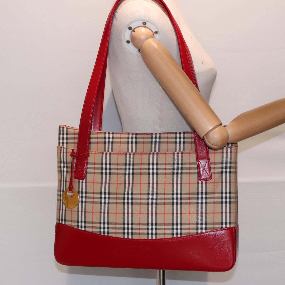 BURBERRY Nova Check Tote Bag Canvas Leather Beige Red gold Auth 91268