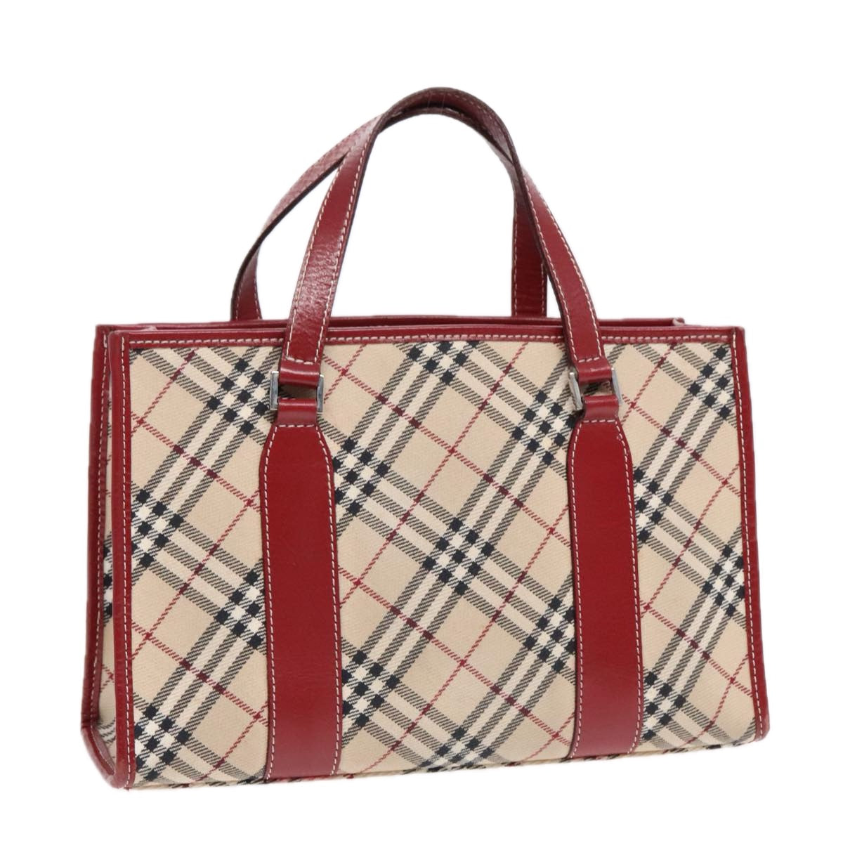 BURBERRY Nova Check Blue Label Hand Bag Canvas Beige Red Silver Auth 91274