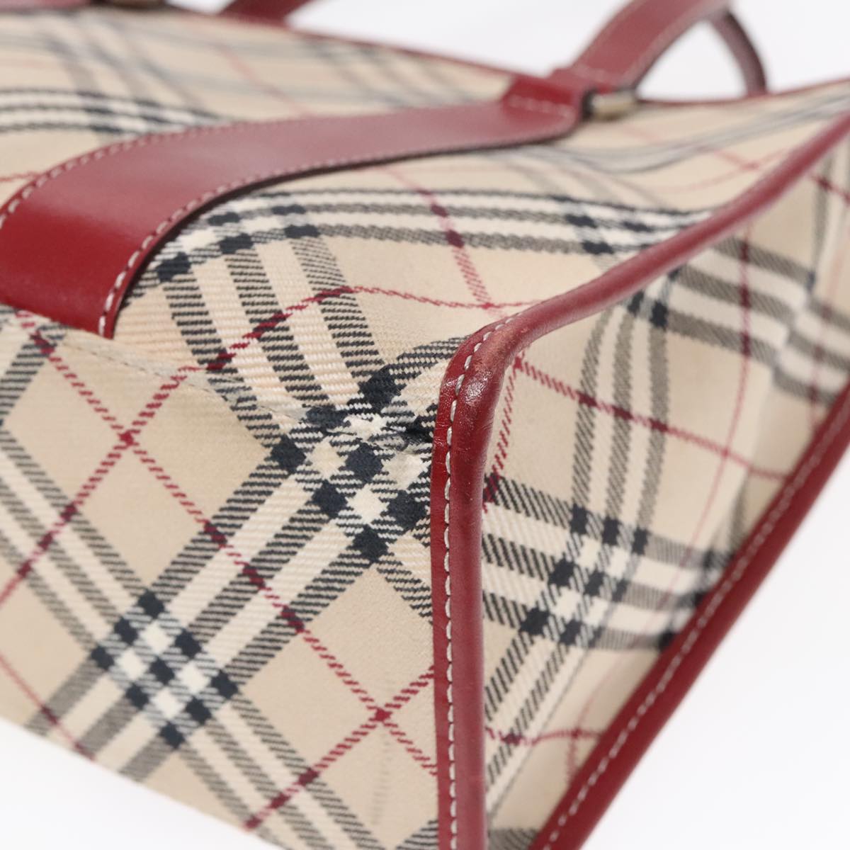 BURBERRY Nova Check Blue Label Hand Bag Canvas Beige Red Silver Auth 91274