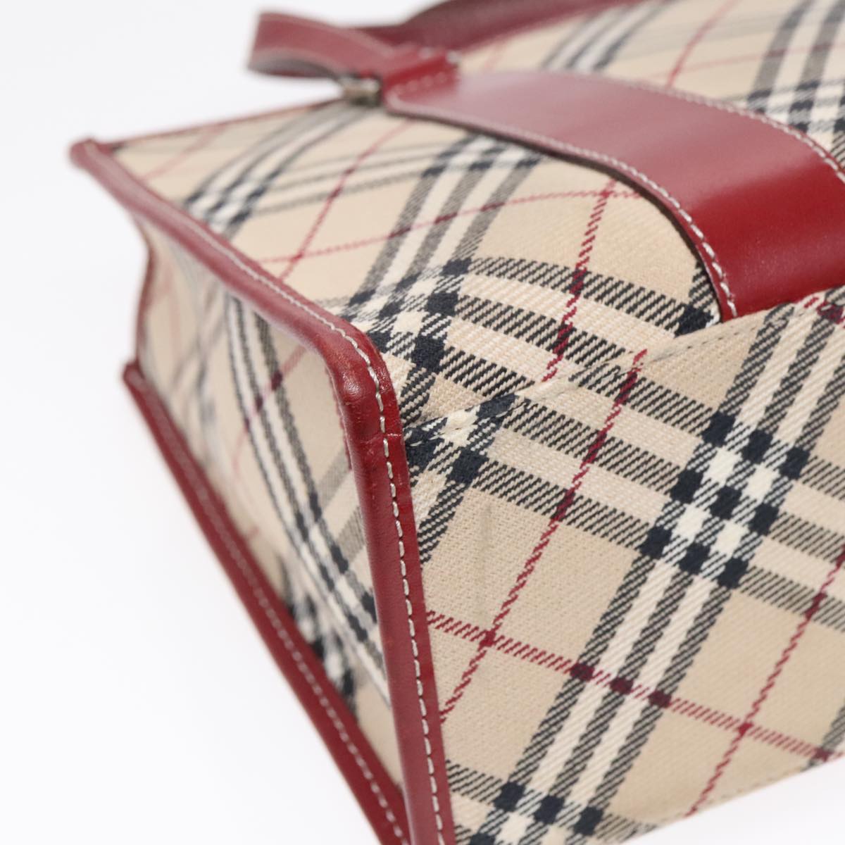 BURBERRY Nova Check Blue Label Hand Bag Canvas Beige Red Silver Auth 91274