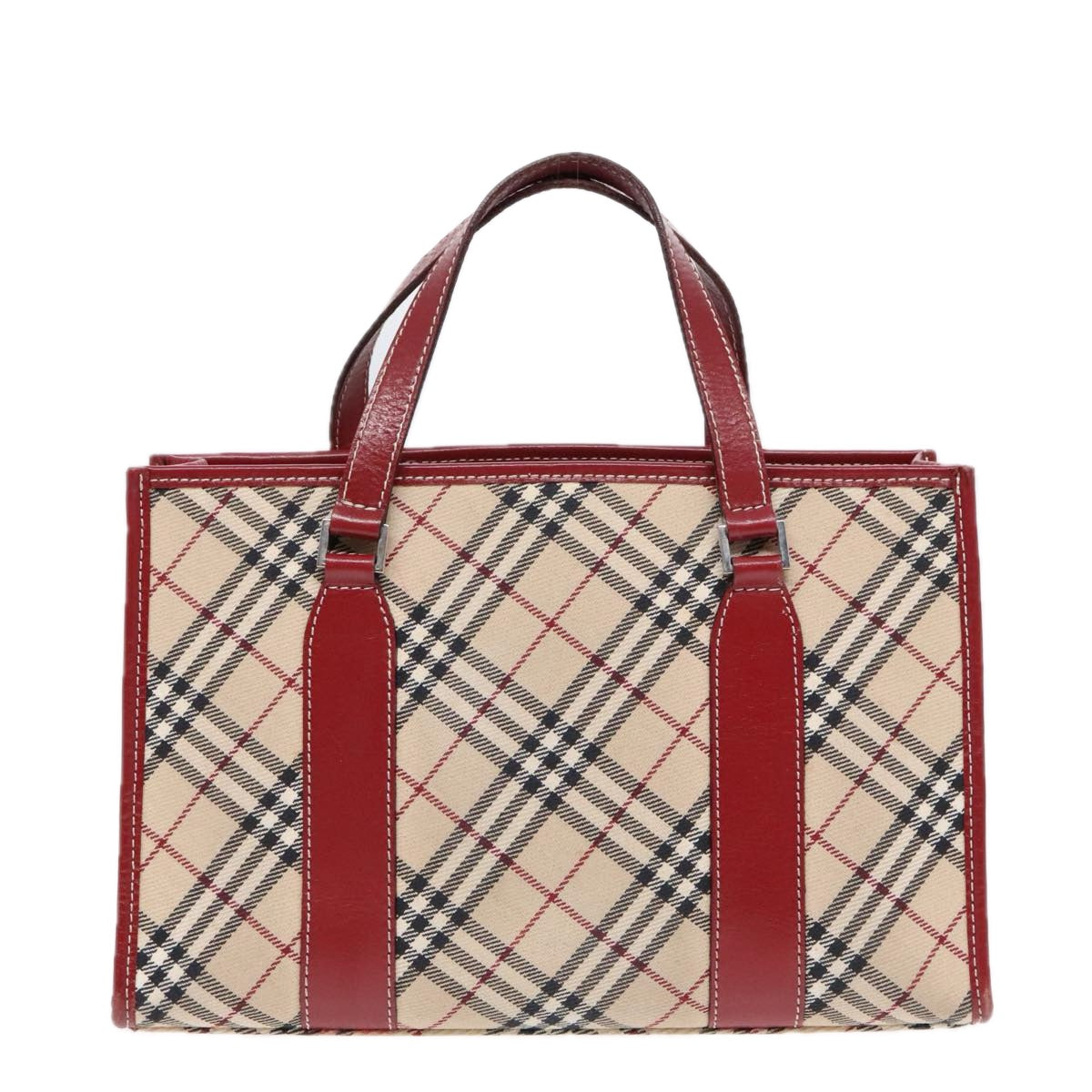 BURBERRY Nova Check Blue Label Hand Bag Canvas Beige Red Silver Auth 91274 - 0