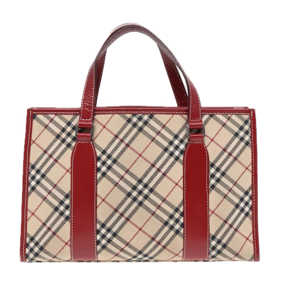 BURBERRY Nova Check Blue Label Hand Bag Canvas Beige Red Silver Auth 91274