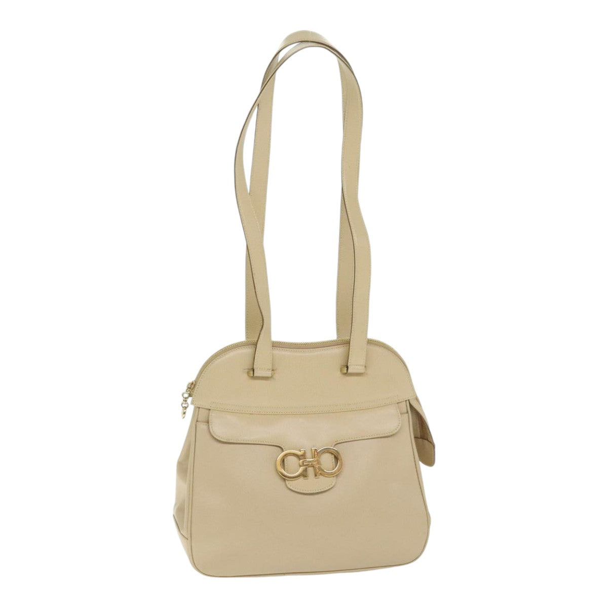 Salvatore Ferragamo Gancini Shoulder Bag Leather Beige Gold Auth 91285