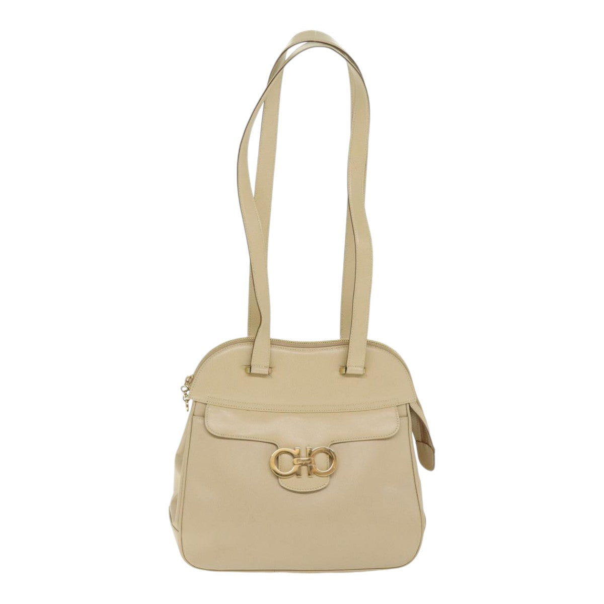 Salvatore Ferragamo Gancini Shoulder Bag Leather Beige Gold Auth 91285