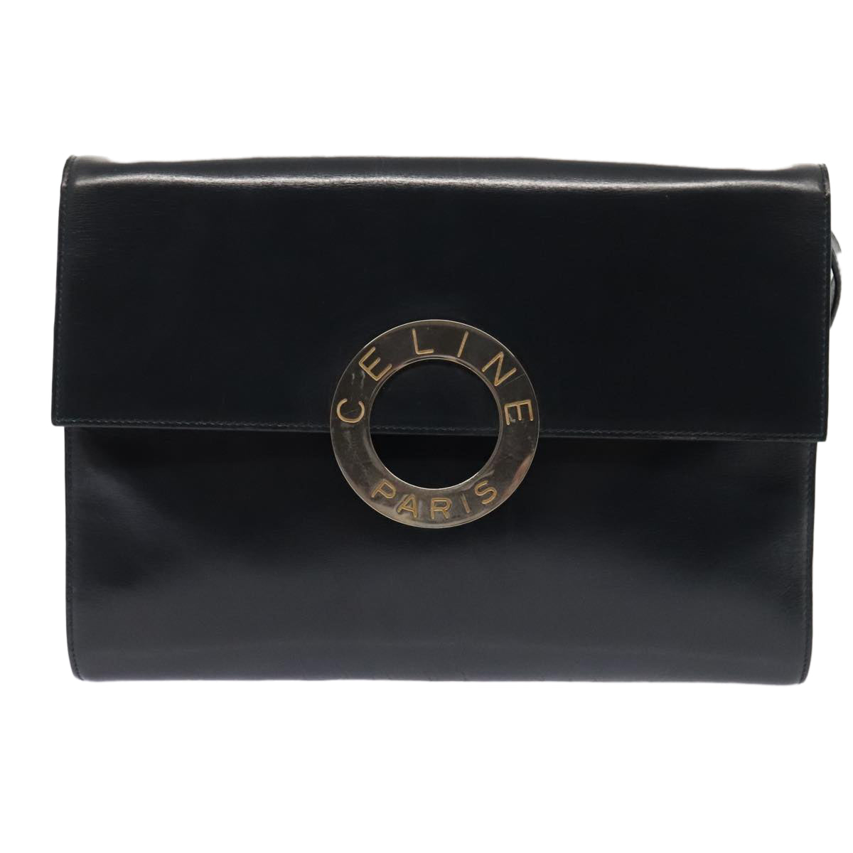 CELINE Shoulder Bag Leather Navy Gold Auth 91291