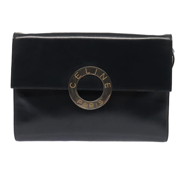 CELINE Shoulder Bag Leather Navy Gold Auth 91291