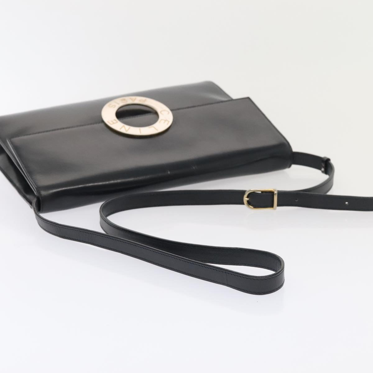 CELINE Shoulder Bag Leather Navy Gold Auth 91291