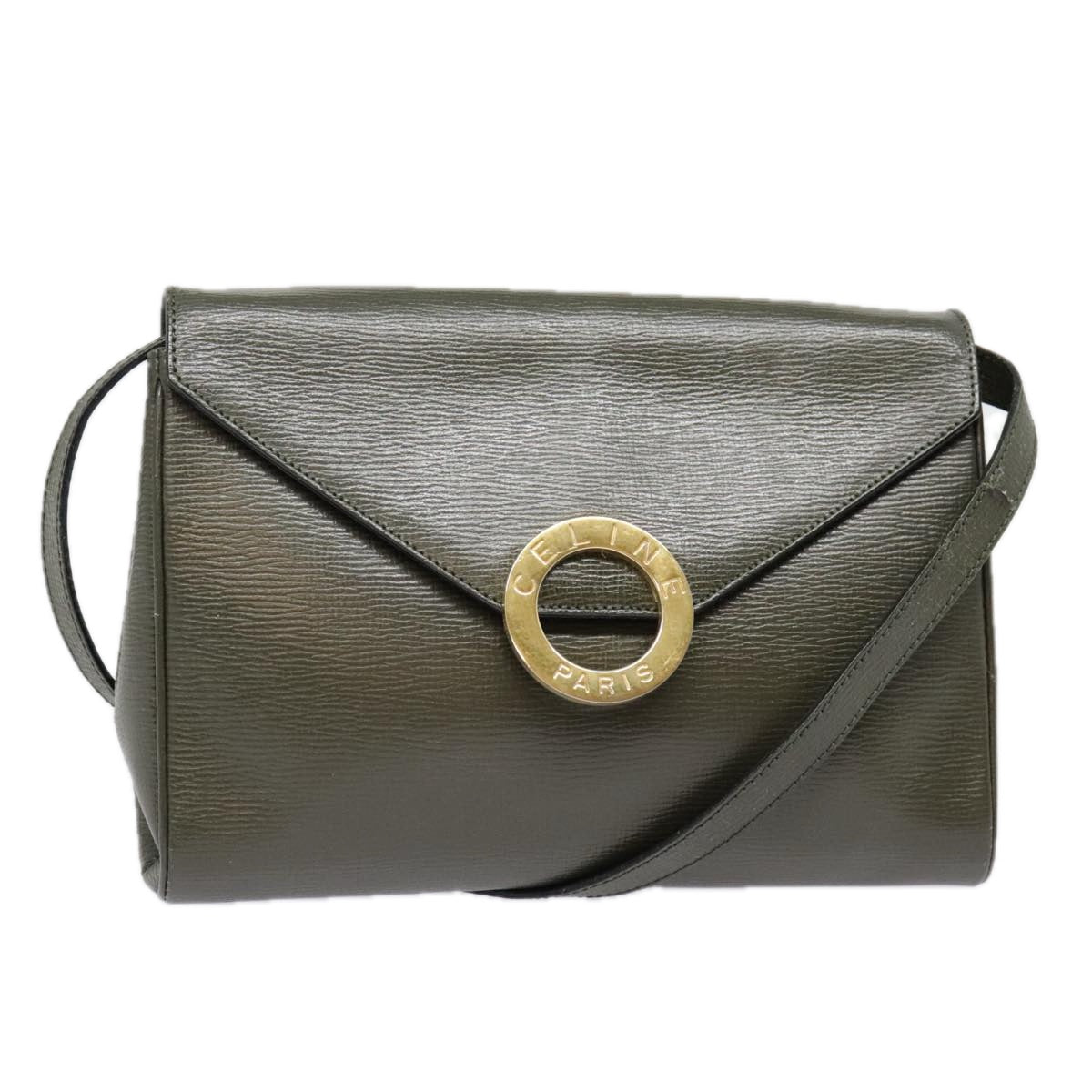 CELINE Circle Shoulder Bag Leather Khaki Gold Auth 91293