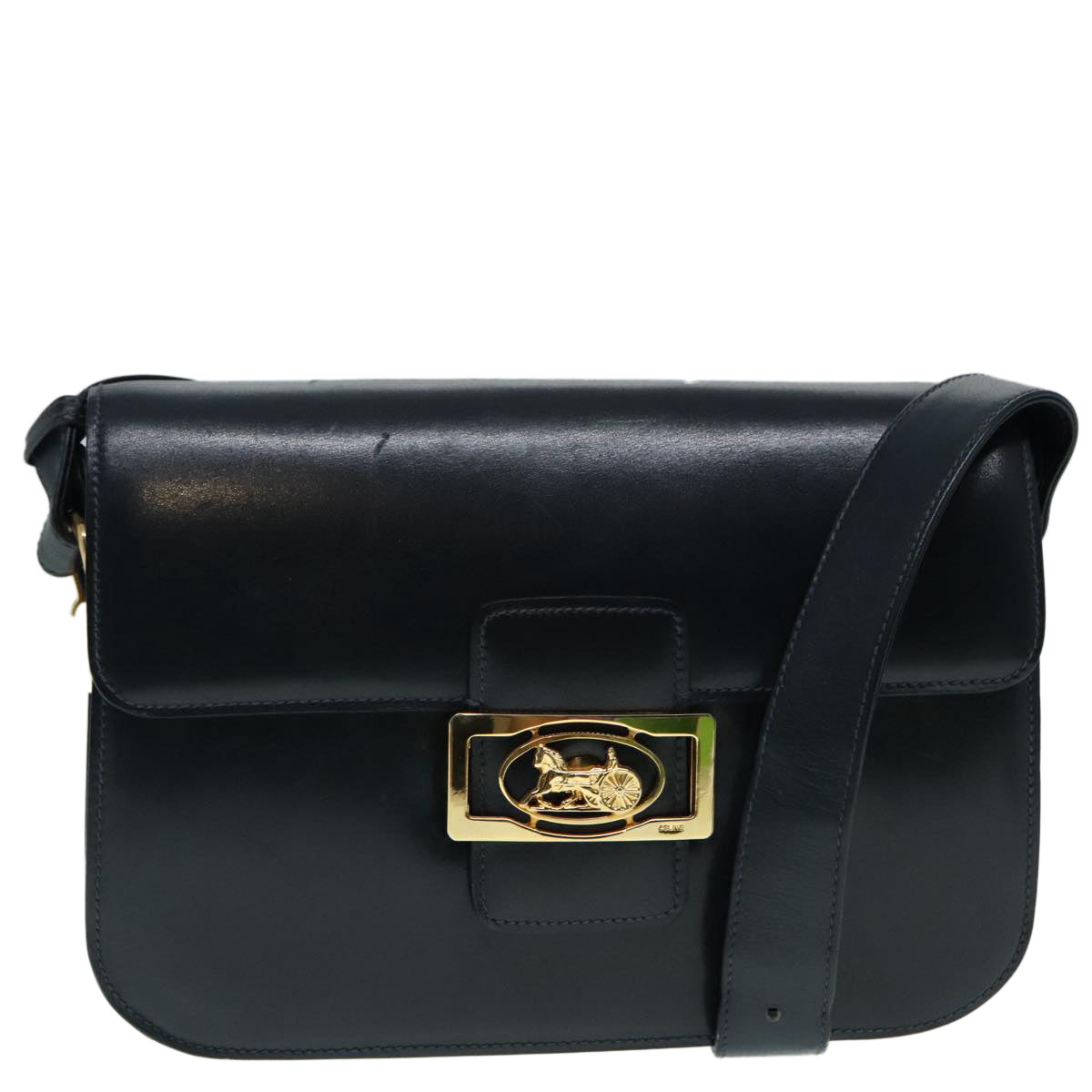 CELINE Horse Carriage Shoulder Bag Leather Black Gold Auth 91297