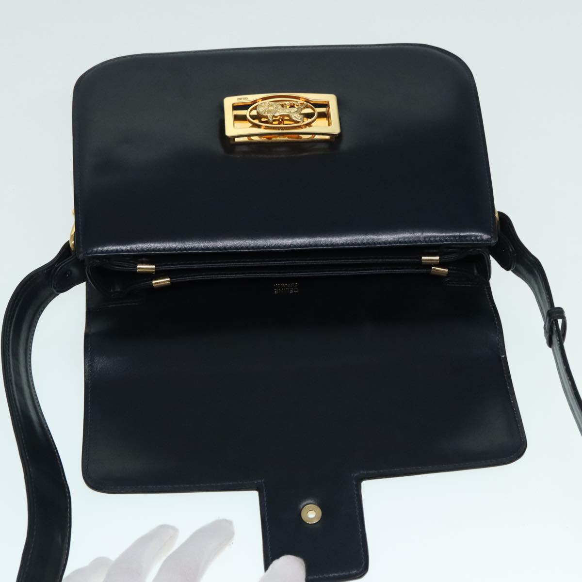 CELINE Horse Carriage Shoulder Bag Leather Black Gold Auth 91297