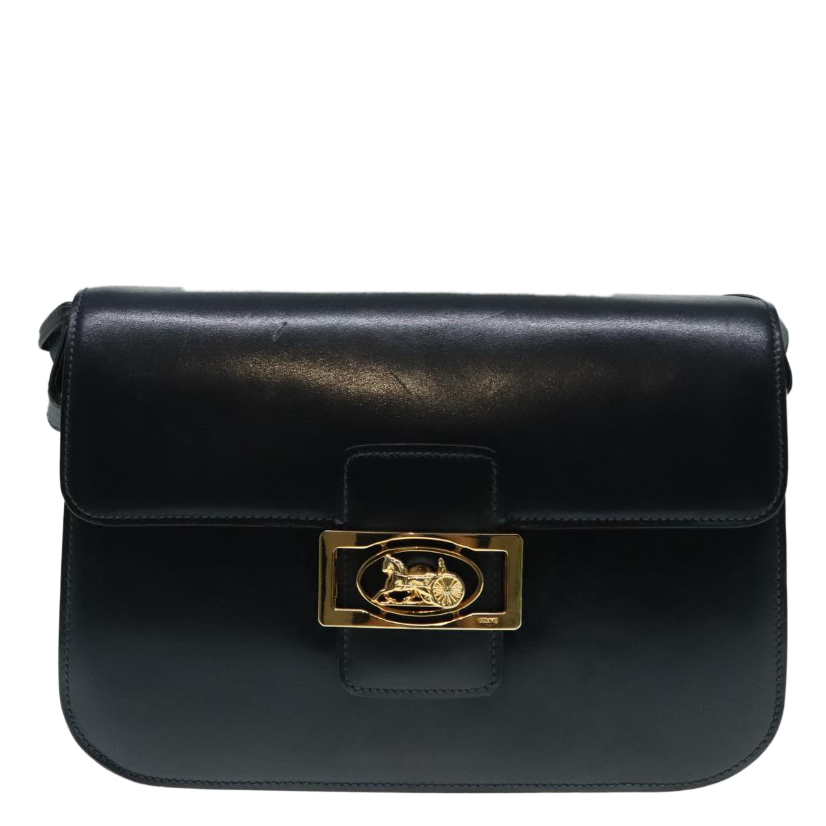 CELINE Horse Carriage Shoulder Bag Leather Black Gold Auth 91297