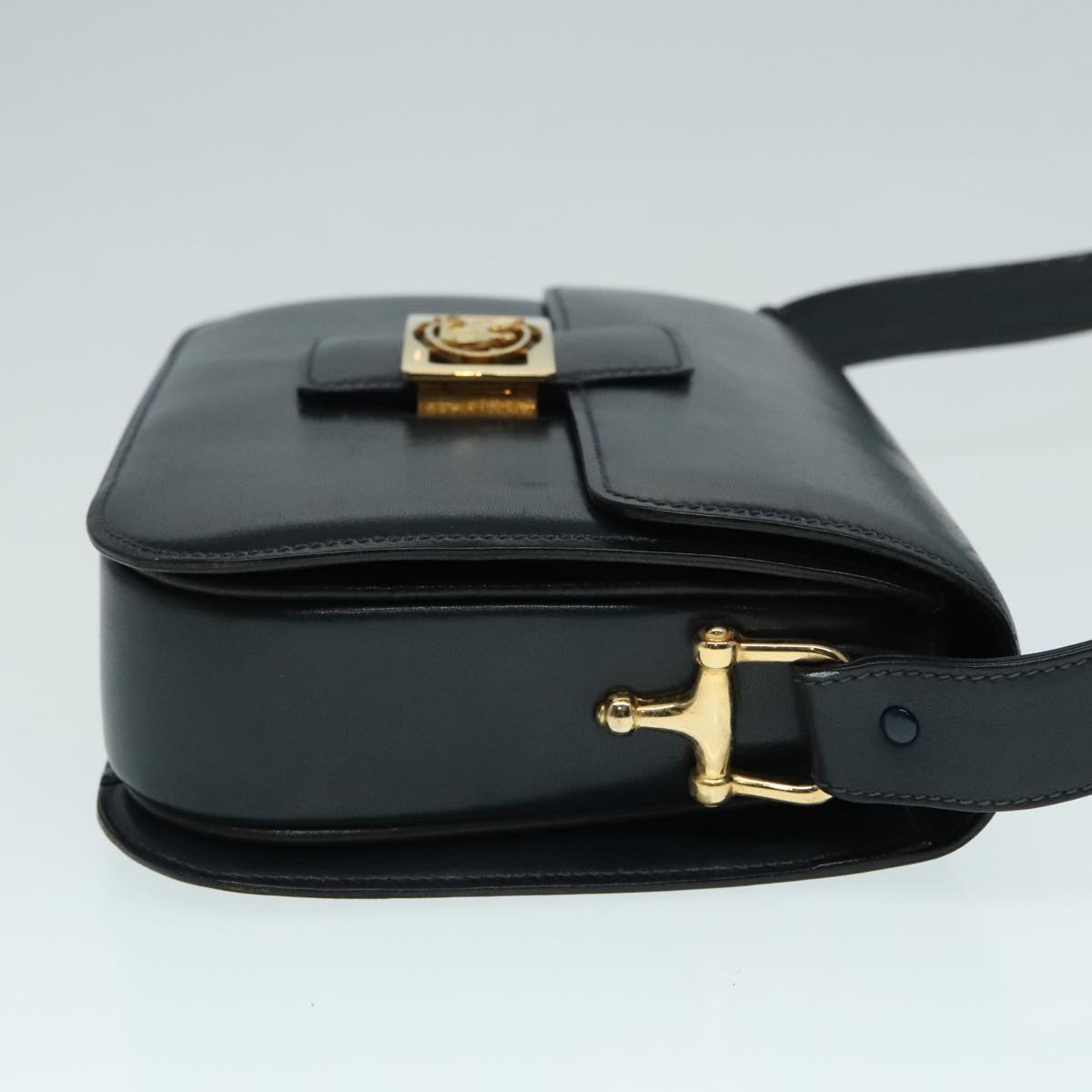 CELINE Horse Carriage Shoulder Bag Leather Black Gold Auth 91297