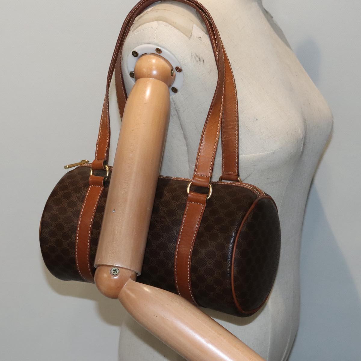 CELINE Macadam Canvas Hand Bag PVC Leather Brown Gold Auth 91302