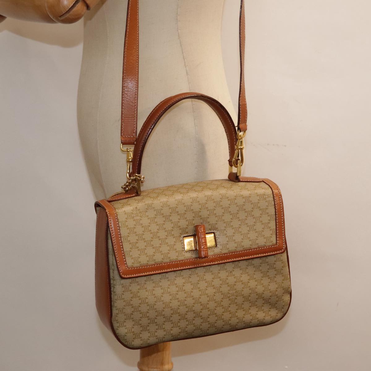 CELINE Macadam Canvas Hand Bag 2way Beige Gold Auth 91306